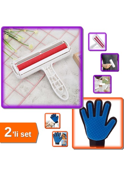 Hazneli Kıl Tüy Toplama Rulosu + Tüy Toplama Eldiveni - Evcil Hayvan Tüy Temizleme Seti - 2li Set D7C6C0