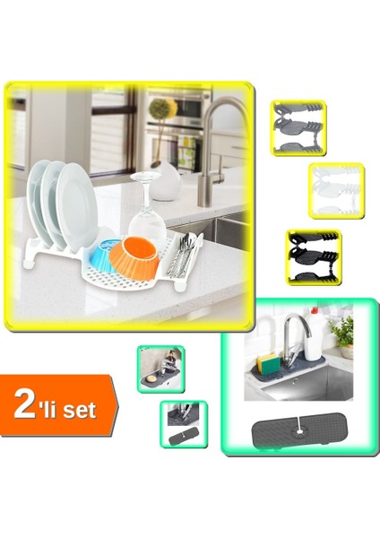 Multi Bulaşıklık Tabaklık Kurutmalık + Esnek Musluk Lavabo Matı - 2li Set E0P4Y0