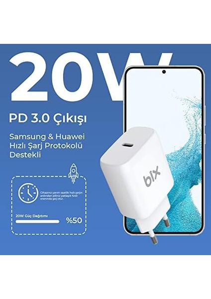 Bix BX-PD20TA 20W Pd Type-C Hızlı Şarj Adaptörü Hızlı Şarj Protokolü Destekli, 15 / 15 Pro Max /14/13/12 Pro Max, S22/S21/ 10, iPad Air/pro ve Daha Fazlasıyla Uyumlu fiyatları