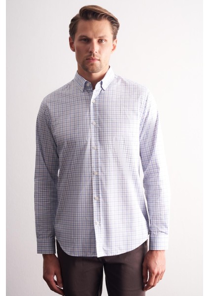 Beyaz - Gri Düğmeli Yaka Kareli Desen Uzun Kol Premium Slim Fit %100 Pamuk Gömlek 1004255184