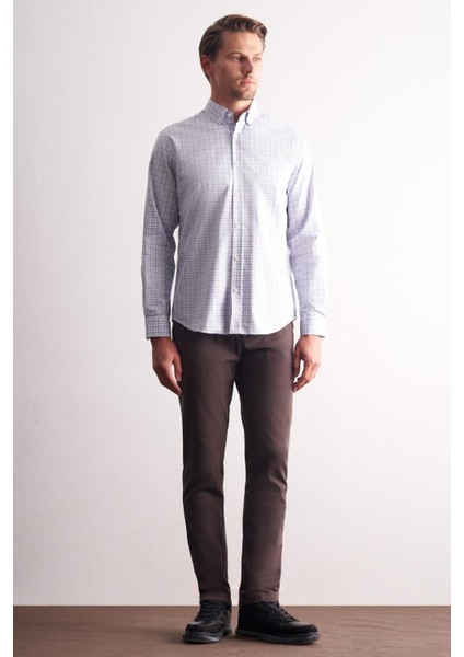 Beyaz - Gri Düğmeli Yaka Kareli Desen Uzun Kol Premium Slim Fit %100 Pamuk Gömlek 1004255184 fiyatları
