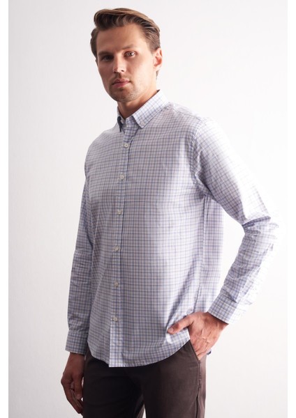Beyaz - Gri Düğmeli Yaka Kareli Desen Uzun Kol Premium Slim Fit %100 Pamuk Gömlek 1004255184 modelleri