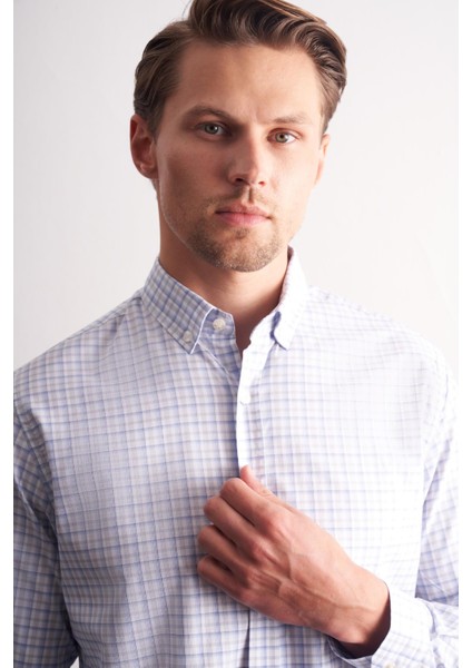 Beyaz - Gri Düğmeli Yaka Kareli Desen Uzun Kol Premium Slim Fit %100 Pamuk Gömlek 1004255184 fırsatları