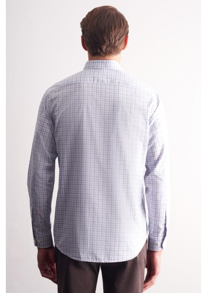 Beyaz - Gri Düğmeli Yaka Kareli Desen Uzun Kol Premium Slim Fit %100 Pamuk Gömlek 1004255184 indirimleri