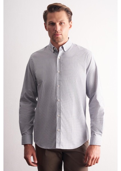 Beyaz - Haki Düğmeli Yaka Kareli Desen Uzun Kol Premium Slim Fit %100 Pamuk Gömlek 1004255185 modelleri