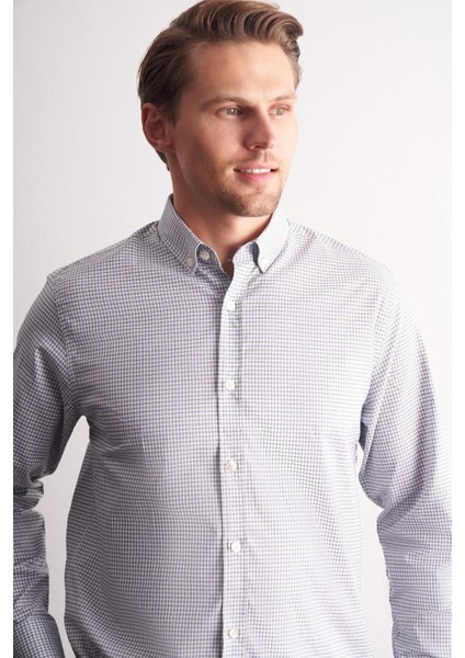 Beyaz - Haki Düğmeli Yaka Kareli Desen Uzun Kol Premium Slim Fit %100 Pamuk Gömlek 1004255185 fırsatları