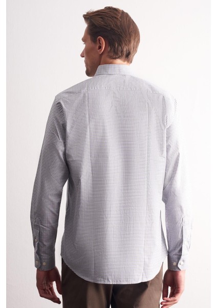 Beyaz - Haki Düğmeli Yaka Kareli Desen Uzun Kol Premium Slim Fit %100 Pamuk Gömlek 1004255185 indirimleri