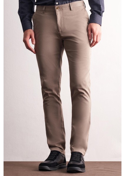 - Koyu Bej Yan Cep Düz Paça Pamuklu Slim Fit Chino Casual Pantolon 1003255165