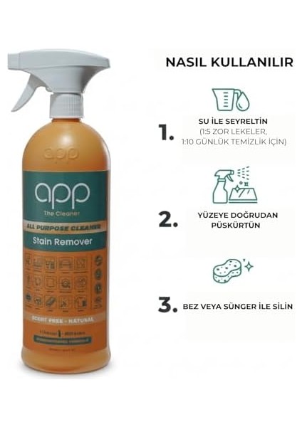 App Gold - 1 Lt - Tüm Yüzeyler Için - Doğal Sertifikalı - Çok Amaçlı Temizleyici ve Leke Çıkarıcı