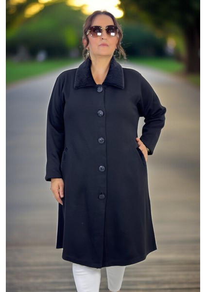 Yakası ve Cep Ağızları Kürk Detaylı Çelik Örgü Büyük Beden Kap Ceket