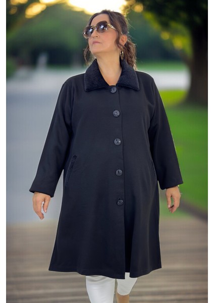 Yakası ve Cep Ağızları Kürk Detaylı Çelik Örgü Büyük Beden Kap Ceket modelleri