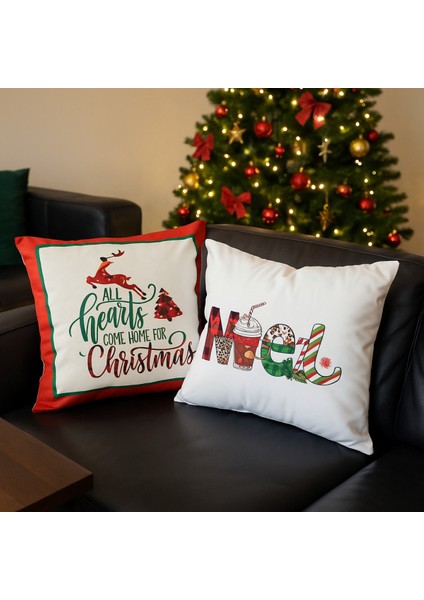 Çift Tarafı Baskılı Candy Christmas Desenli 2'li Set Kadife Kırlent Kılıfı Yılbaşı - Noel modelleri