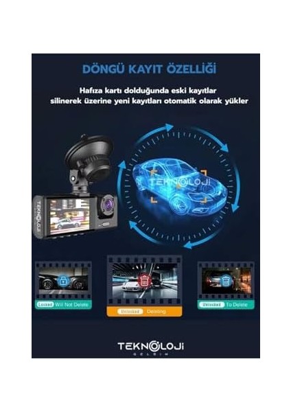 1080P Cam Full Hd Araç Içi Kamera Ön Arka ve Iç Kayıt 3 Kamera Gece Görüşlü G Sensör Geniş Açı modelleri