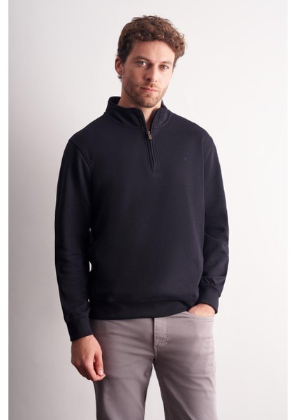 Lacivert Uzun Kol Hakim Yaka Düz Pamuklu Comfort Fit Sweatshirt 1013255151