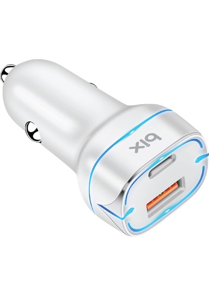 Bix BX-CCP36WT 38W Type-C Pd 20W ve Usb-A Qc 3.0 18W Çift Portlu LED Işıklı Araç Şarj Cihazı Beyaz 15/14/13/12/11/x/, Ipad, Galaxy S24/S23/S22/S21/S20 ve Daha Fazlasıyla Uyumlu BXCCP36WT