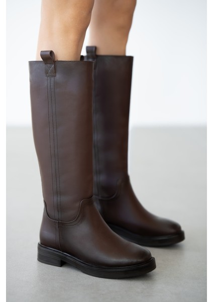 Werny Hakiki Deri Kalın Topuklu Kadın Çizme-Kahverengi