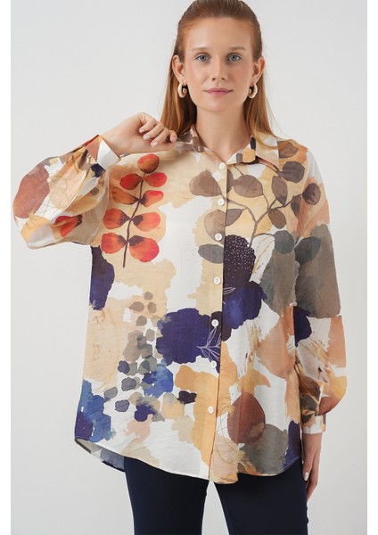 Kadın Desenli Overize Gömlek Tunik 5971 - Lacivert