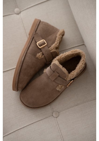 Velmora Hakiki Deri Içi Kürklü Ayarlanabilir Toka Detaylı Kadın Bot- Vizon Süet