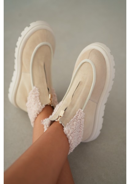 Bruve Ön Fermuar Detaylı Kürklü Hakiki Deri Süet Kadın Bot-Ekru