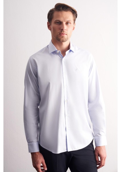 Mavi Yarım Italyan Yaka Uzun Kol Premium Slim Fit %100 Pamuk Gömlek 1004255197