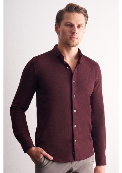 Bordo Uzun Kol Düğmeli Yaka Kendinden Desenli Pamuklu Slim Fit Gömlek 1004255267