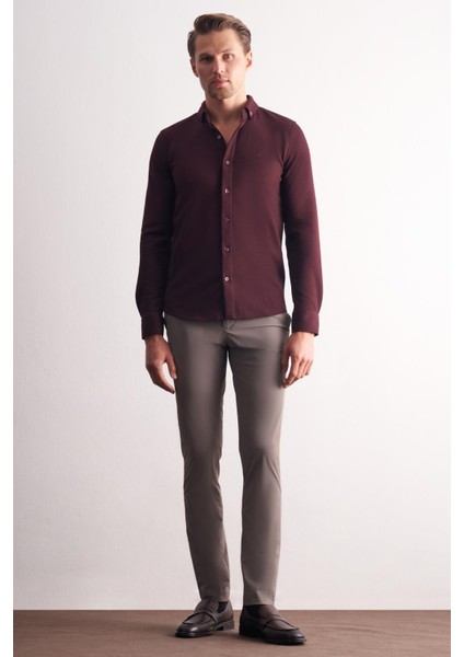 Bordo Uzun Kol Düğmeli Yaka Kendinden Desenli Pamuklu Slim Fit Gömlek 1004255267 fiyatları