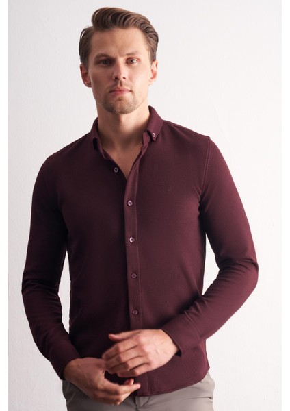 Bordo Uzun Kol Düğmeli Yaka Kendinden Desenli Pamuklu Slim Fit Gömlek 1004255267 modelleri