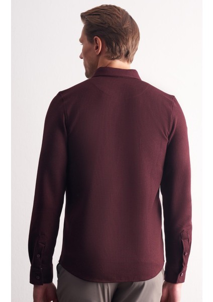 Bordo Uzun Kol Düğmeli Yaka Kendinden Desenli Pamuklu Slim Fit Gömlek 1004255267 indirimleri