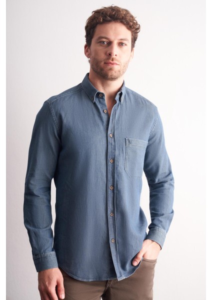 Lacivert - Vizon Uzun Kol Düğmeli Yaka Kendinden Desenli %100 Pamuk Slim Fit Gömlek 1004255199