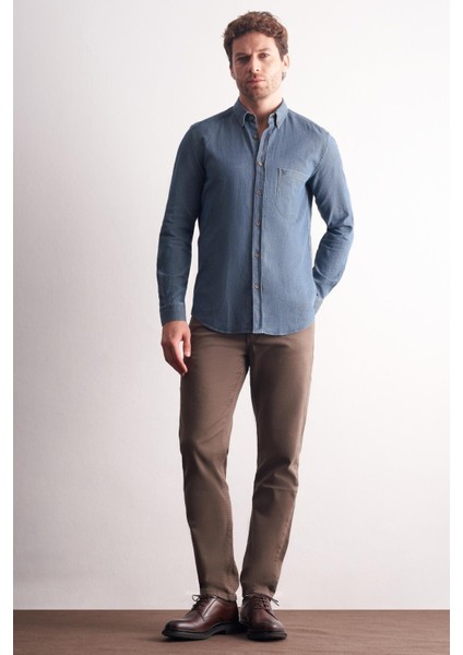 Lacivert - Vizon Uzun Kol Düğmeli Yaka Kendinden Desenli %100 Pamuk Slim Fit Gömlek 1004255199 fiyatları