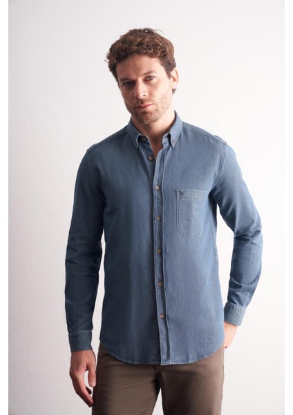 Lacivert - Vizon Uzun Kol Düğmeli Yaka Kendinden Desenli %100 Pamuk Slim Fit Gömlek 1004255199 modelleri