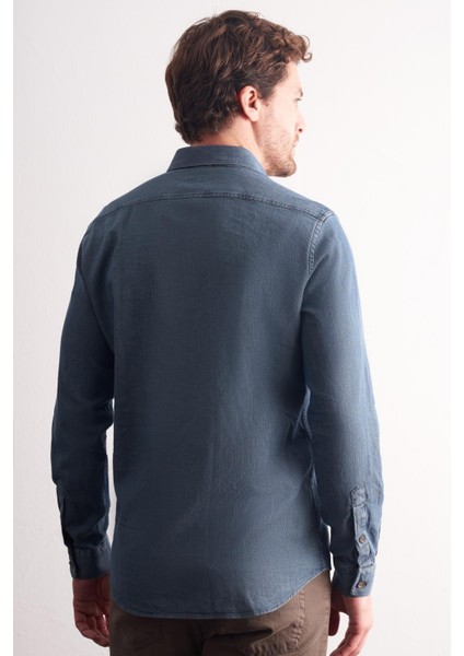 Lacivert - Vizon Uzun Kol Düğmeli Yaka Kendinden Desenli %100 Pamuk Slim Fit Gömlek 1004255199 indirimleri