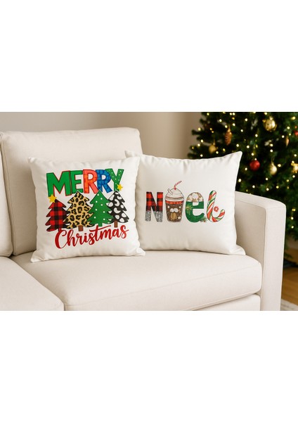 Çift Tarafı Baskılı Candy Christmas Desenli 2'li Set Kadife Kırlent Kılıfı Yılbaşı - Noel