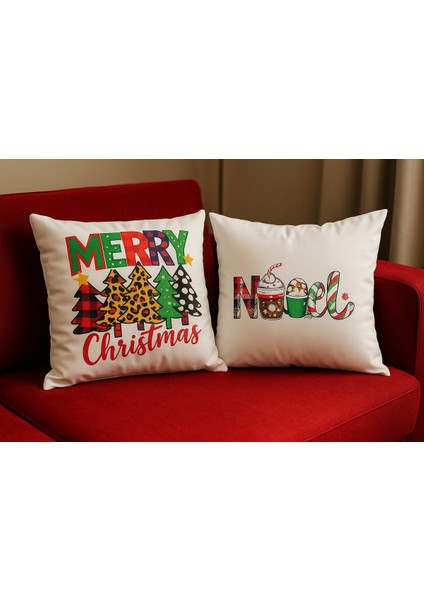 Çift Tarafı Baskılı Candy Christmas Desenli 2'li Set Kadife Kırlent Kılıfı Yılbaşı - Noel modelleri