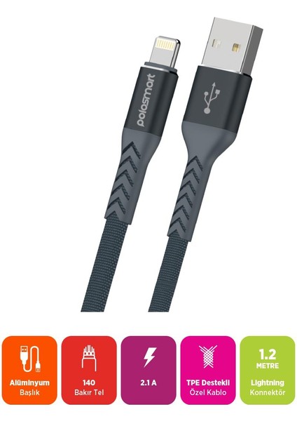 PSM115 Lightning Şarj ve Data Kablosu1.2 Metre Gri fiyatları