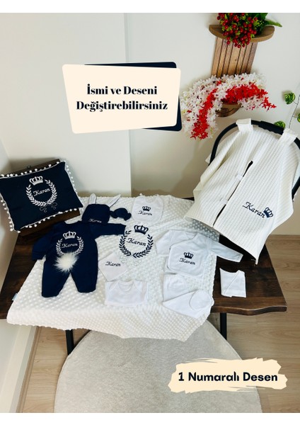 Nakışlı Isimli Hastane Çıkış Seti, Takı Yastığı ve Puset Örtüsü %100 Pamuk 12 Parça 0-3 Ay