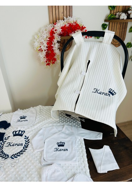 Nakışlı Isimli Hastane Çıkış Seti, Takı Yastığı ve Puset Örtüsü %100 Pamuk 12 Parça 0-3 Ay