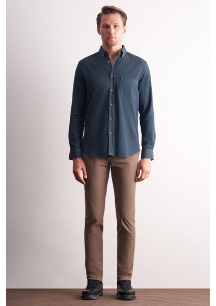 Lacivert - Haki Uzun Kol Düğmeli Yaka Kendinden Desenli %100 Pamuk Slim Fit Gömlek 1004255199 fiyatları