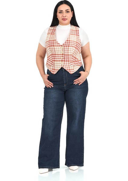 Büyük Beden Düğme Kapamalı Cep Kapaklı Astarlı Kısa Kareli Kiremit Yelek