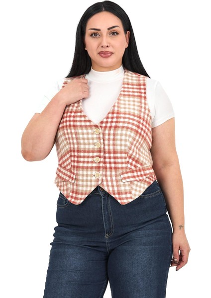 Büyük Beden Düğme Kapamalı Cep Kapaklı Astarlı Kısa Kareli Kiremit Yelek fiyatları