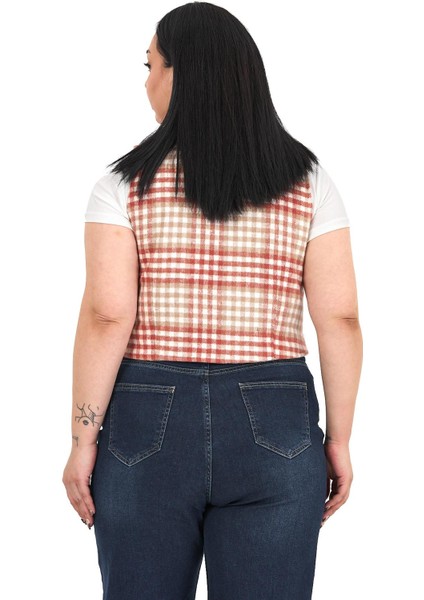 Büyük Beden Düğme Kapamalı Cep Kapaklı Astarlı Kısa Kareli Kiremit Yelek modelleri