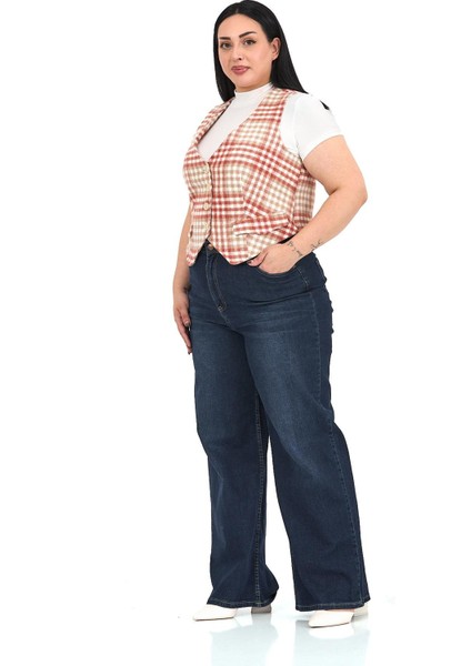 Büyük Beden Düğme Kapamalı Cep Kapaklı Astarlı Kısa Kareli Kiremit Yelek fırsatları