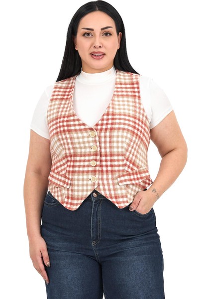 Büyük Beden Düğme Kapamalı Cep Kapaklı Astarlı Kısa Kareli Kiremit Yelek indirimleri