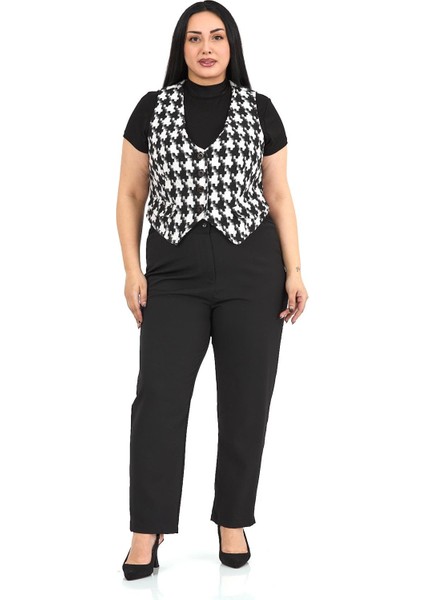 Büyük Beden Düğme Kapamalı Cep Kapaklı Astarlı Kısa Kazayağı Desenli Yelek