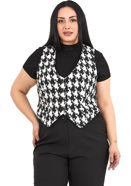 Büyük Beden Düğme Kapamalı Cep Kapaklı Astarlı Kısa Kazayağı Desenli Yelek fiyatları