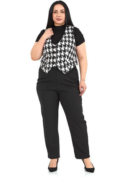 Büyük Beden Düğme Kapamalı Cep Kapaklı Astarlı Kısa Kazayağı Desenli Yelek indirimleri