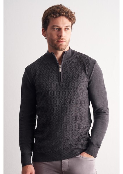 Koyu Antrasit Dik Yaka Uzun Kol Cepsiz Slim Fit Casual Pamuklu Triko Kazak 1012255108