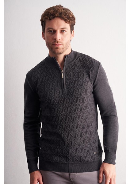 Koyu Antrasit Dik Yaka Uzun Kol Cepsiz Slim Fit Casual Pamuklu Triko Kazak 1012255108 modelleri