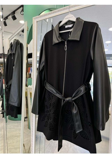 Hale Feuille Deri Detaylı Ceket - Siyah - 3