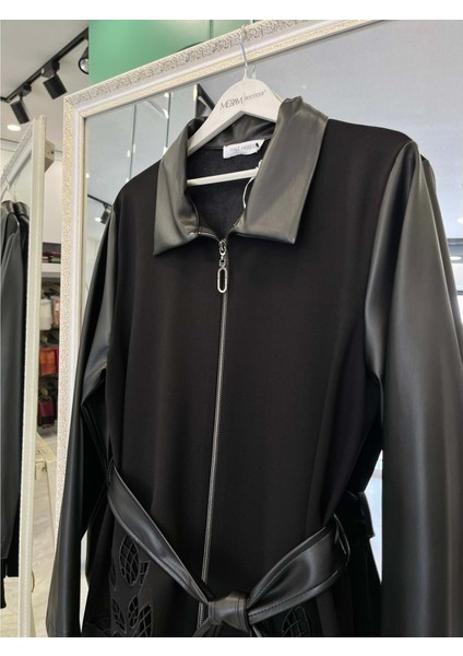 Hale Feuille Deri Detaylı Ceket - Siyah - 3 fiyatları